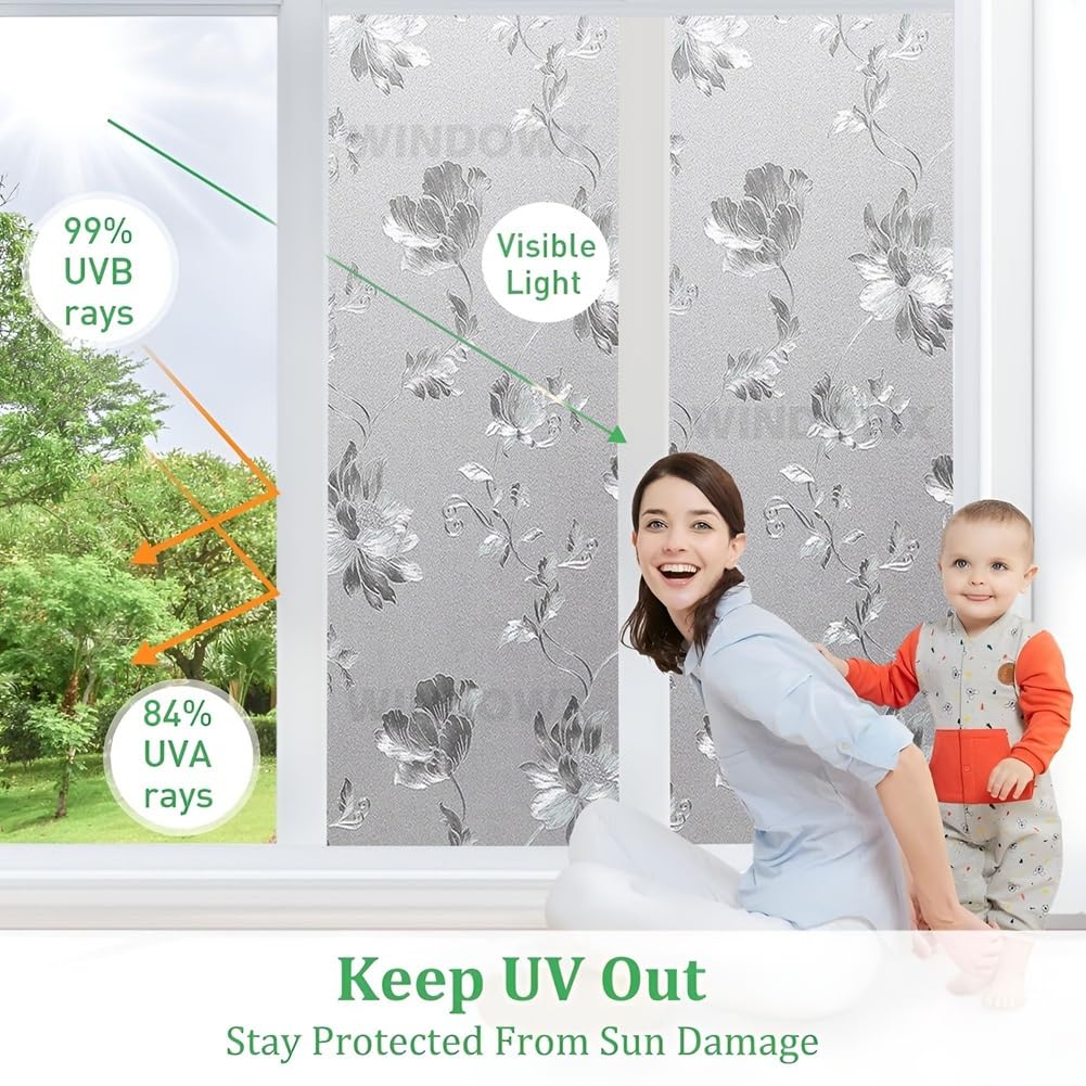 Premium Vinyl Privacy Stained Frosted Window Glass Film (12x60 Inch) - Self-Adhesive Wallpaper Film Opaque Tint Cling for Glass Cover Window, Door, Office, Home.| Anti-UV. Frosted Flowers — Amazon image 3