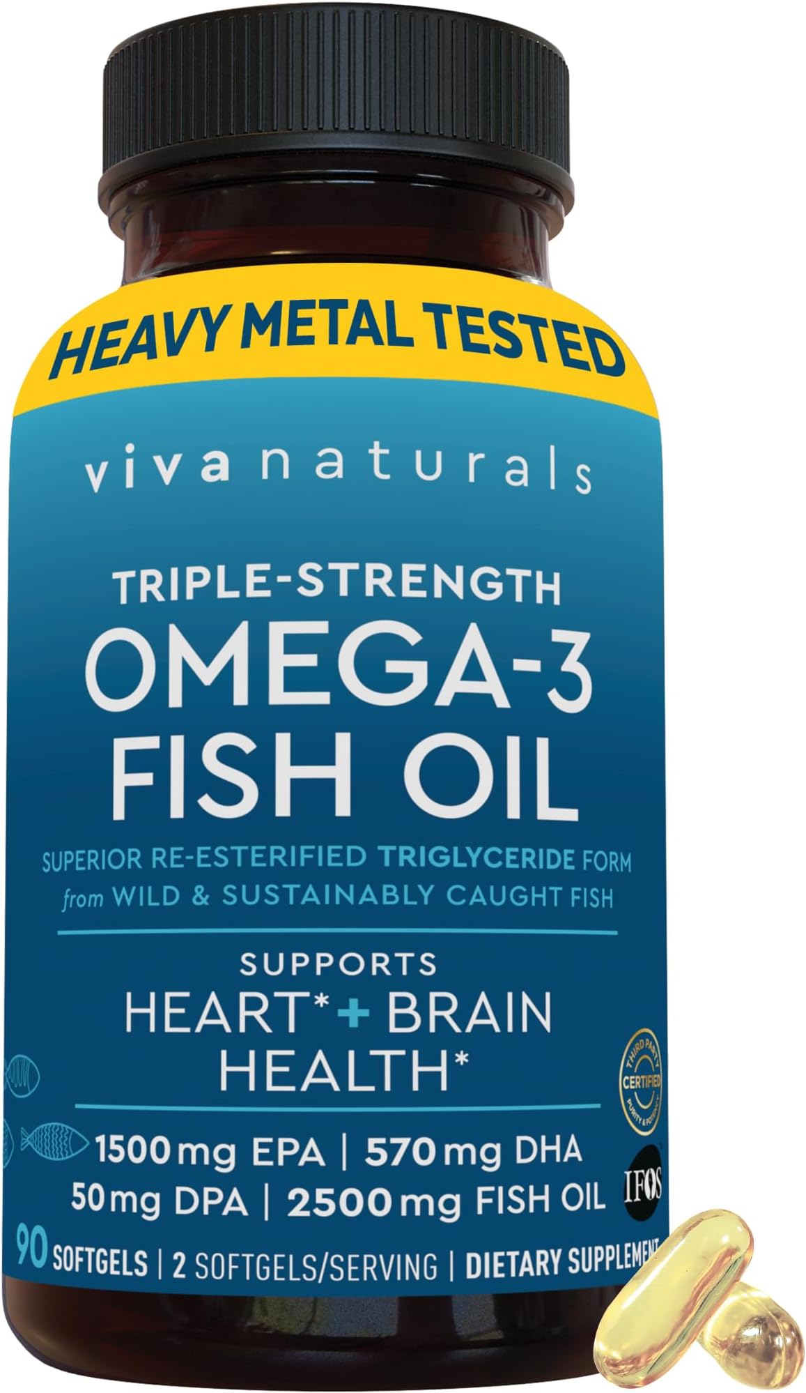 Viva Naturals Highly Concentrated Fish Oil Supplement,2,200mg Fish Oil/Serving (1400mg of EPA and 480mg of DHA) -90 Capsules