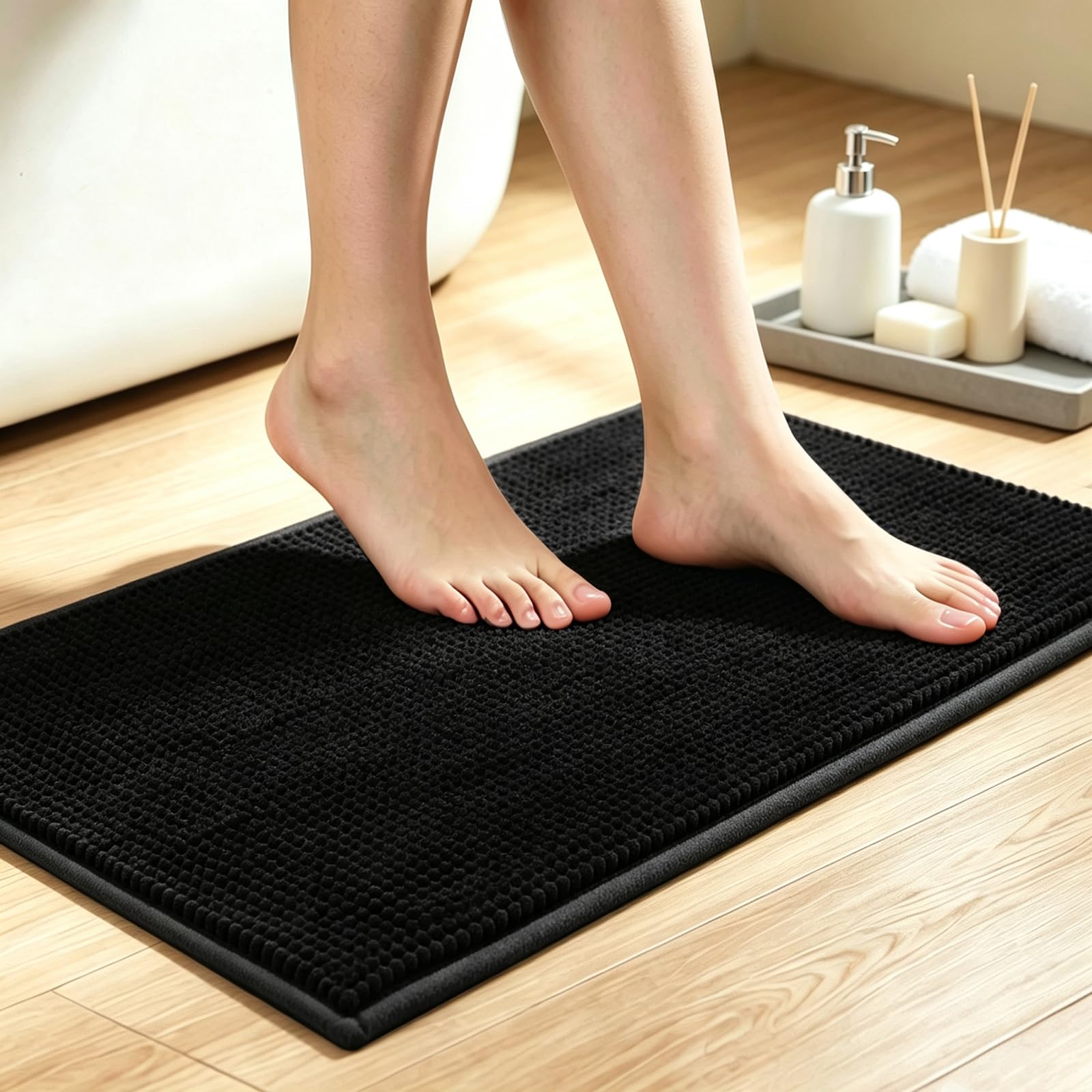 HITSLAM 60x40cm Chenille Bath Mat Non Slip, Ultra Absorbent, Black
