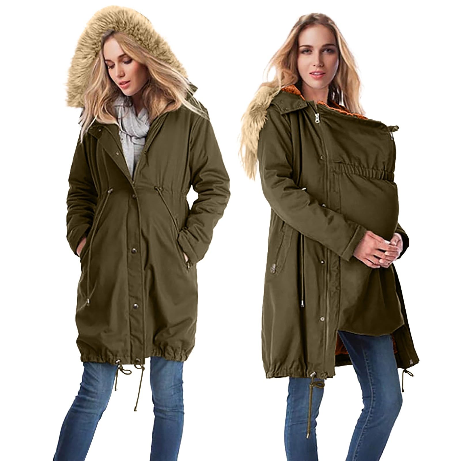 Chaqueta De Maternidad Con Inserción Para Bebé Versátil Abrigos De Algodón 3 En 1 Invierno Longitud De La Rodilla Con Cordón Ajustable Y Cuello De Piel Chaquetas De Invierno Cálido Chaquetas De