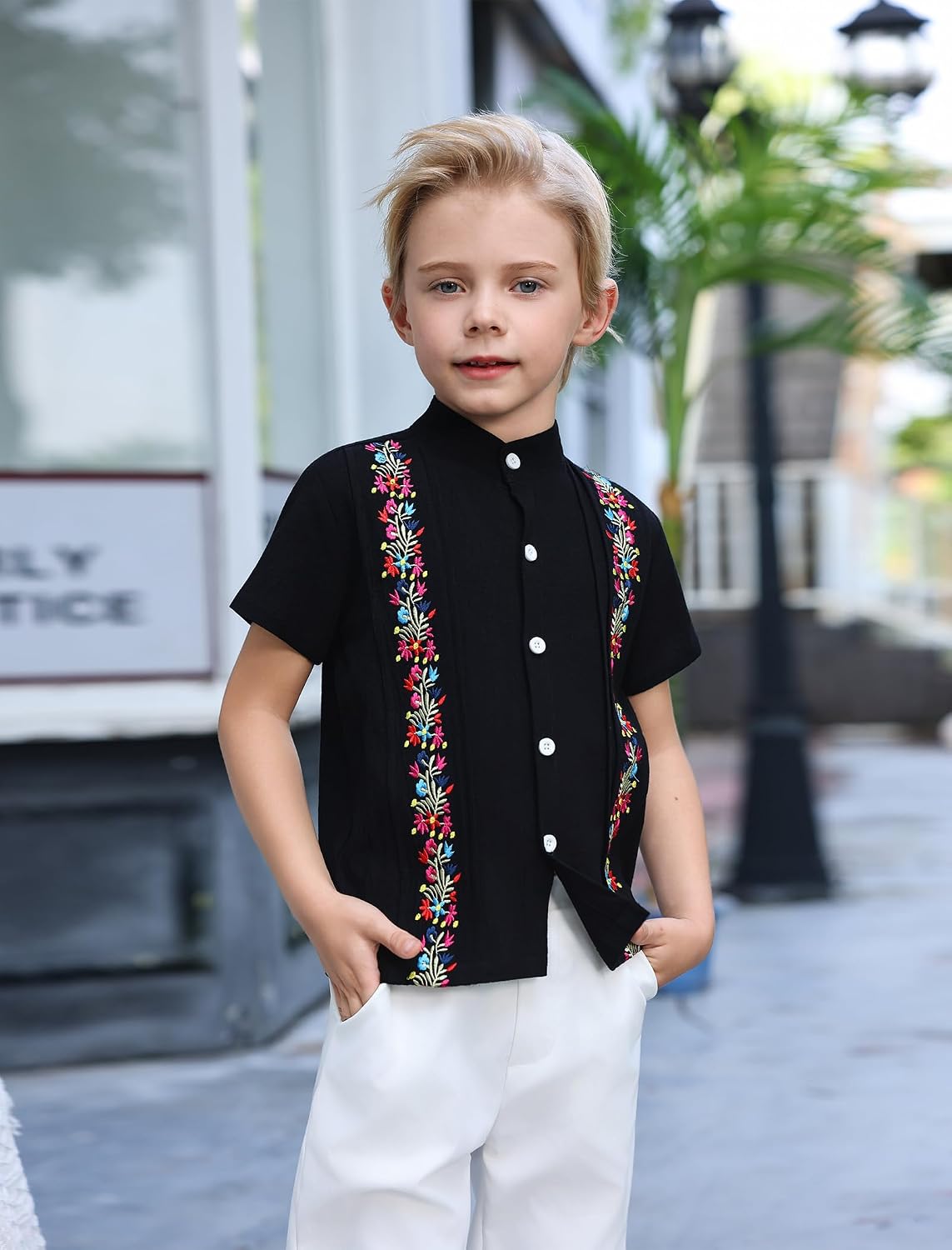 ABAFIP Boy's Mexican Shirt Short Sleeve Floral Embroidery Traditional Button Down Casual Shirt