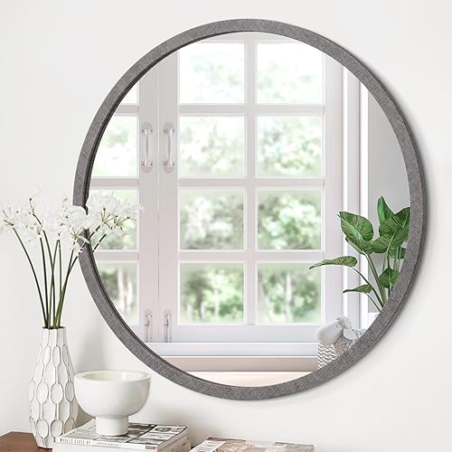 Miniatura 165 de JJUUYOU Espejo circular de pared redondo para baño, espejo de tocador gris, pequeño círculo decorativo para pared, marco de madera, espejo