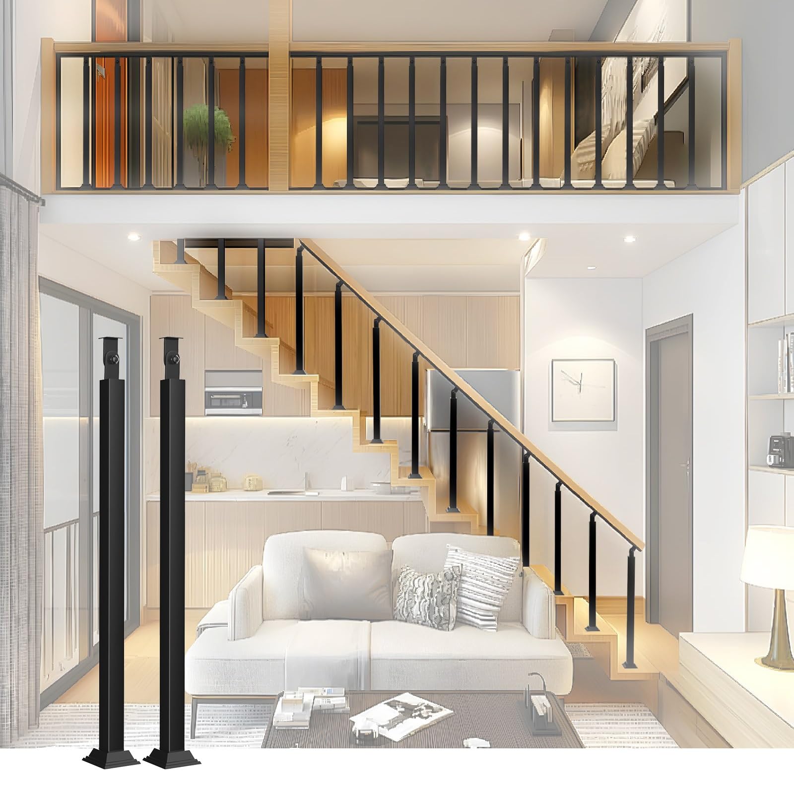 Balustres d'escalier en métal noir 110 cm, lot de 2 poteaux modernes pour garde-corps