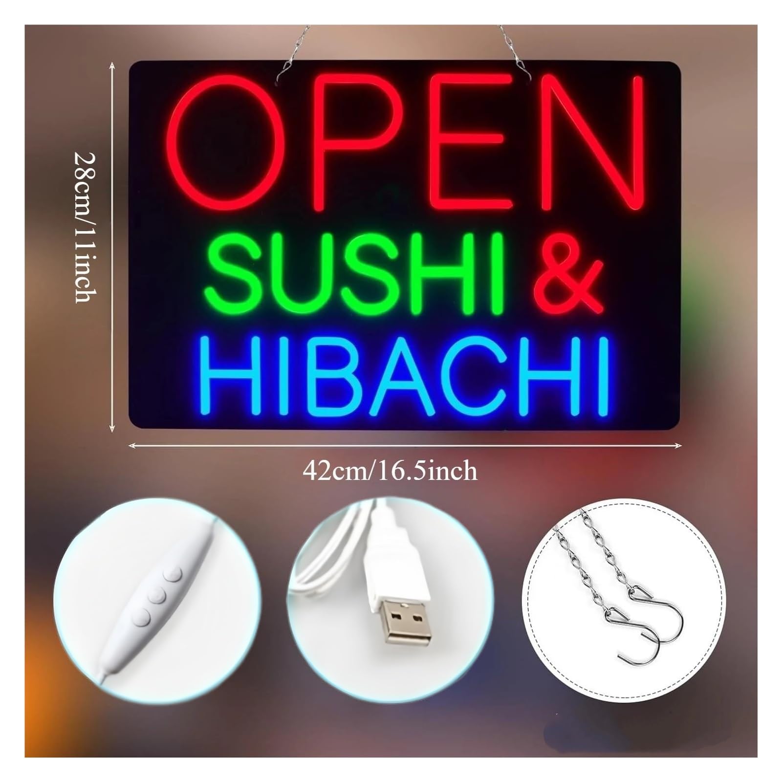 Insegna al Neon Insegna al neon Apri Sushi & Hibachi | Luce LED dimmerabile alimentata tramite USB per bar ristorante business decorazione murale estetica 42 cm x 28 cm