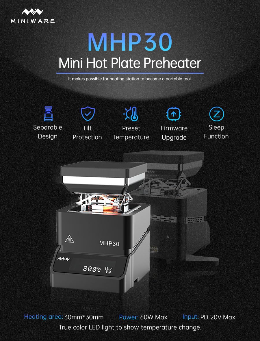 MINIWARE MHP30-PD grzałka do podgrzewania płyty grzewczej, 60 W, 30 x 30 mm, mini inteligentna, stała temperatura, gorąca 100-350°C, stacja lutownicza + zasilacz sieciowy EU PD