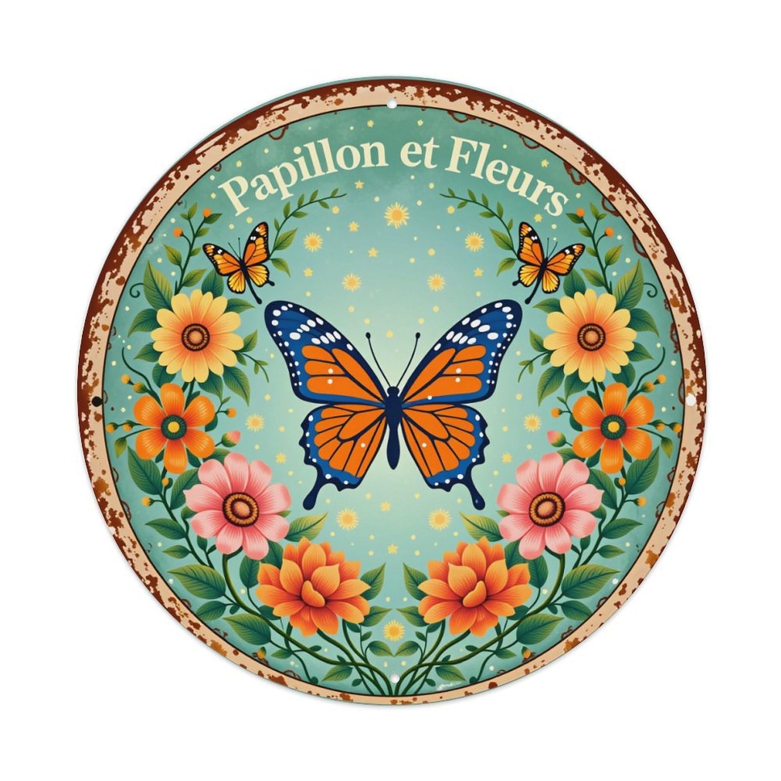 Butterfly And Flowers Pattern Print Round Tin Sign Vintage Style Metal Sign Home Bar Garden Wall Plaque Decor Metal Poster 8x8 Inch