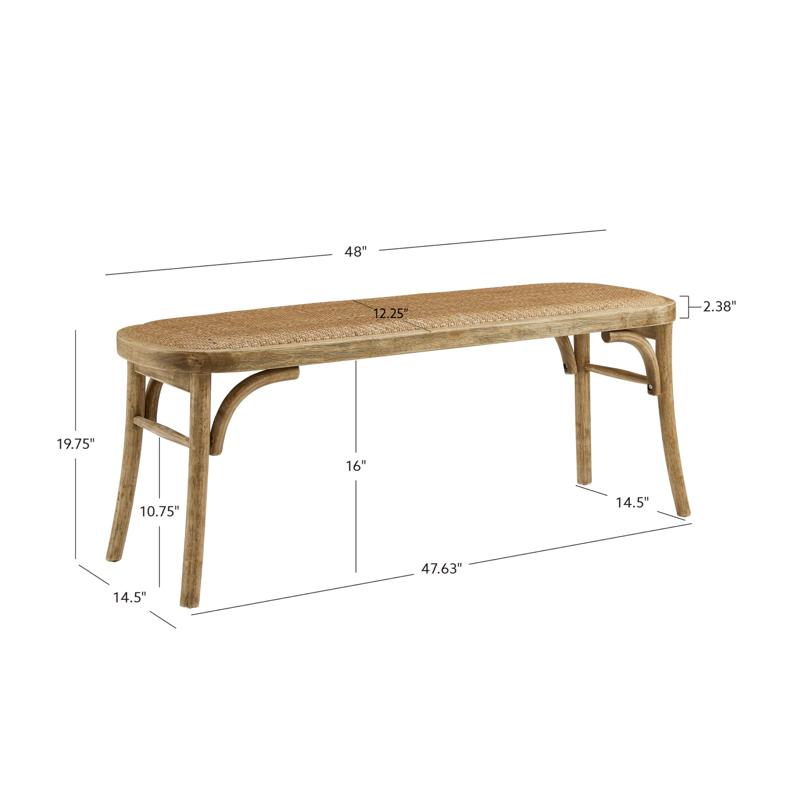 Linon Hank Natural Bentwood Bench with Natural Woven Rattan Seat