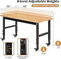 Vista 3 de Betterhood Banco de trabajo ajustable resistente de 48 pulgadas para garaje, mesa de taller de madera de caucho con ruedas de metal, estación
