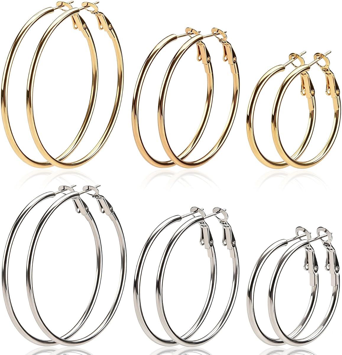 Pendientes de aro de acero inoxidable 316, juego de 6 pares de tamaños de oro y plata de 30/40/50 mm | Pendientes de aro de plata dorada para mujer, acero inoxidable 316 chapado en oro de 14 quilates, juego de aros ligeros hipoalergénicos de 30/40/50 mm