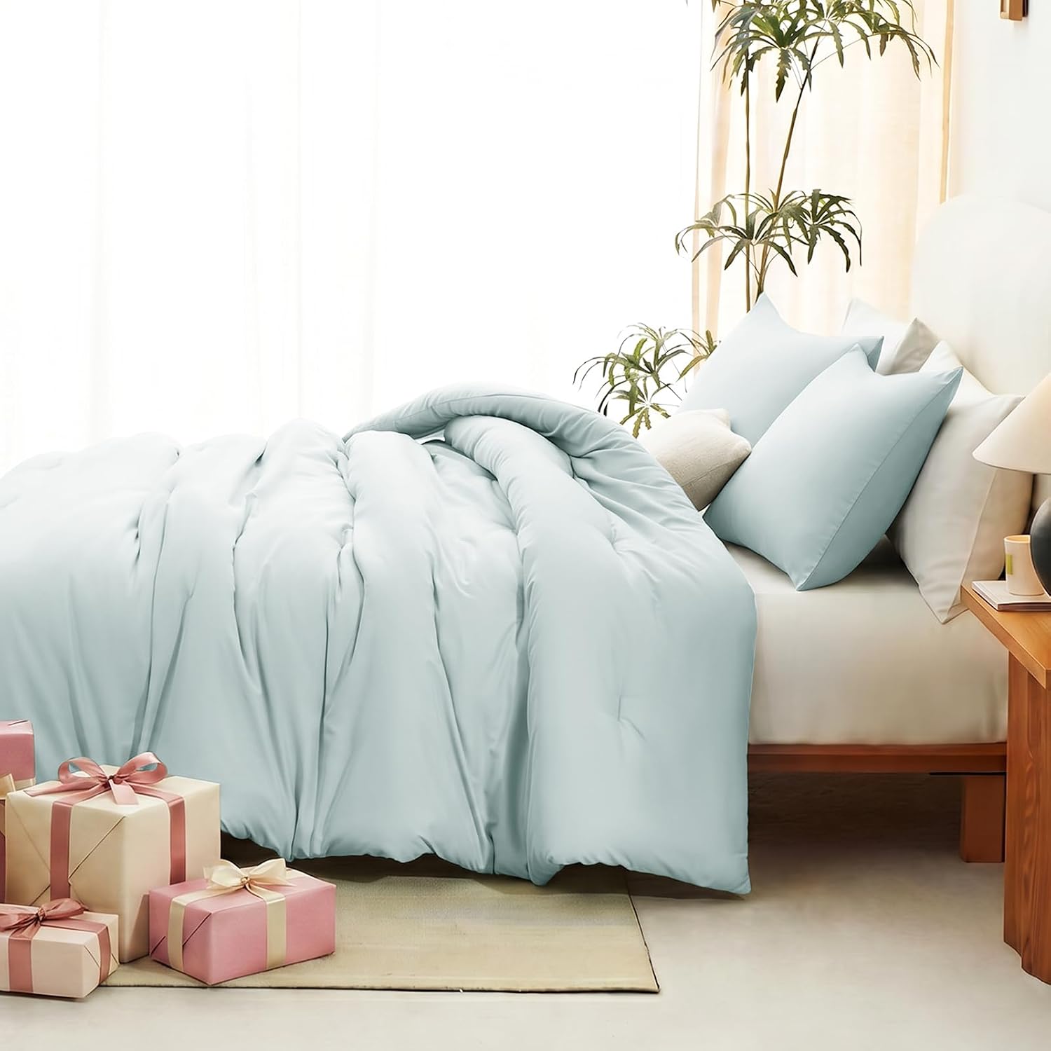 CozyLux Full Size Comforter Set Ice Blue, 3 Pieces Lightweight Down Alternative Quilted Bedding Sets, All Seasons Soft Breathable Solid Comforter with 2 Pillowcases, Luxury Bed Set for Home thumbnail
