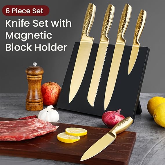 Kitchen Knife Set, 6 Piece Professional Knife Set with Magnetic Block Holder, High Carbon Stainless Steel Sharp Knives Set for Kitchen,Ergonomic Hammer Handle,Wooden Magnetic Knife Holder (Gold)