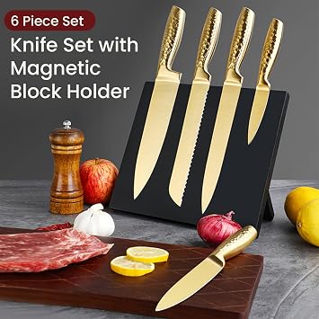 Kitchen Knife Set, 6 Piece Professional Knife Set with Magnetic Block Holder, High Carbon Stainless Steel Sharp Knives Set for Kitchen,Ergonomic Hammer Handle,Wooden Magnetic Knife Holder (Gold)