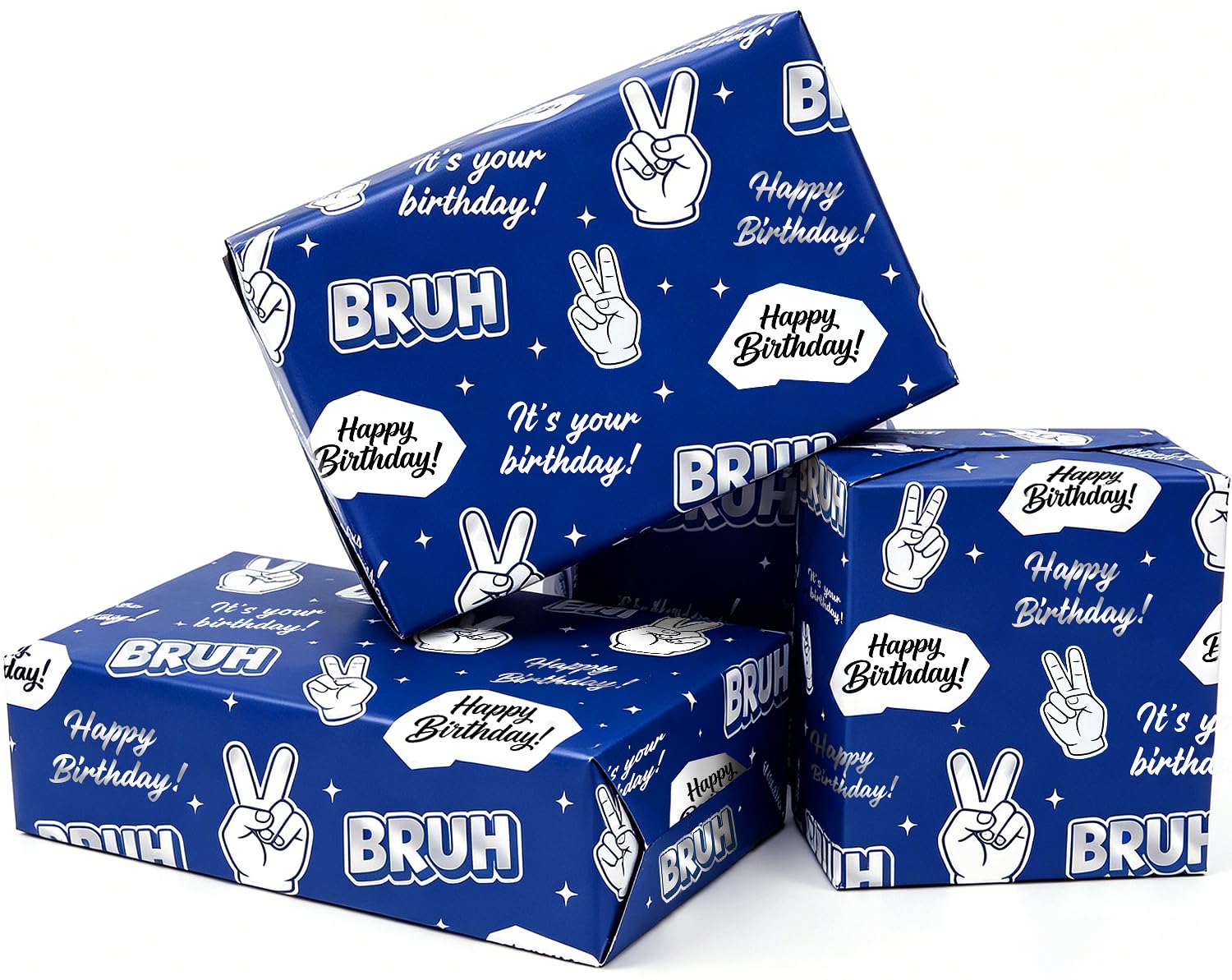 Blue Silver Birthday Wrapping Paper, Topeedy 5 Sheets 50x70cm Recyclable Gift Paper with BRUH Words, Ideal for Birthday Party for Boys Girls