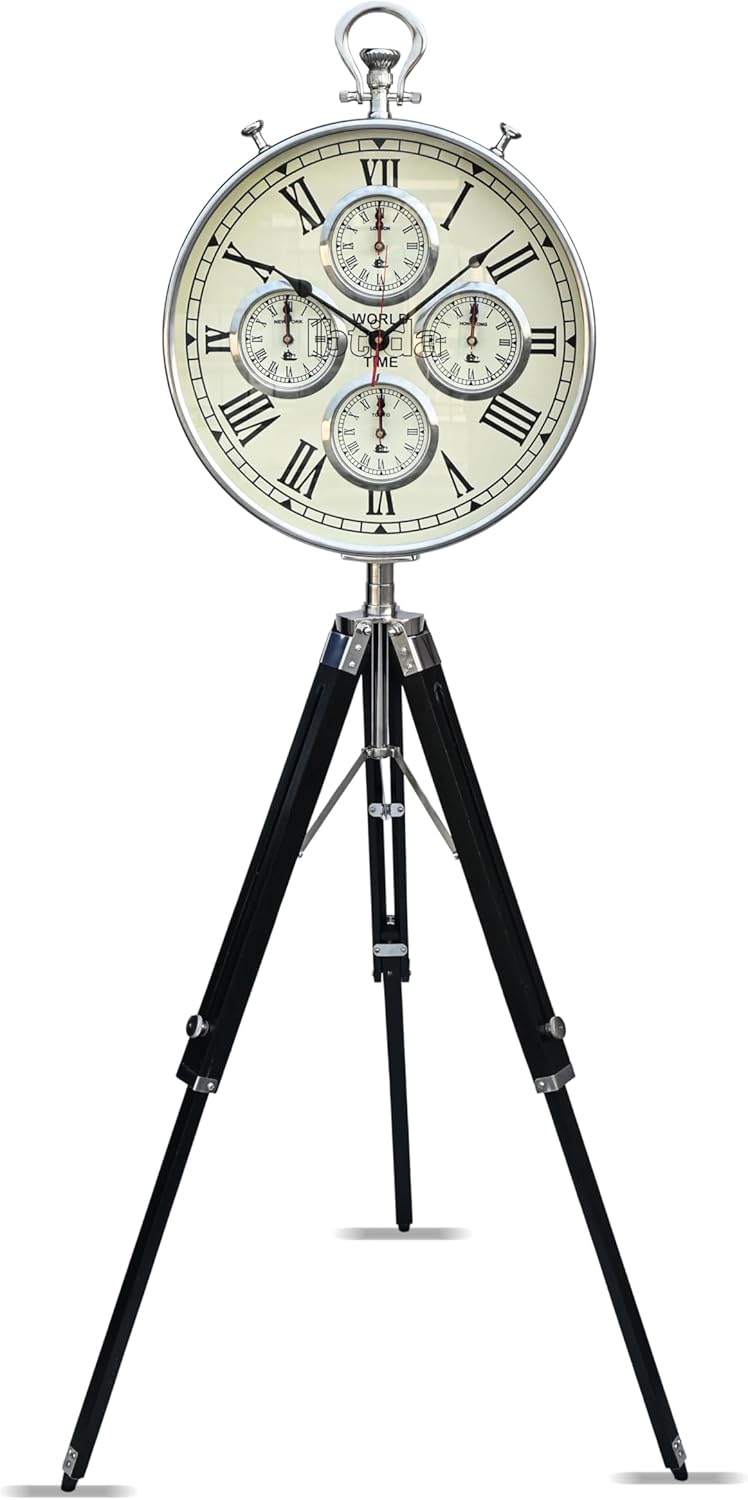 Vintage Tripod Floor Standing World Time Clock – Roman Numerals | Classic Metal Design | Home & Office Decor