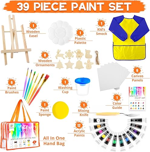 Miniatura 2 de POPYOLA Juego de pintura acrílica de 39 piezas para niños, kit de pintura con 12 pinturas acrílicas no tóxicas, bata, caballete, plantillas de