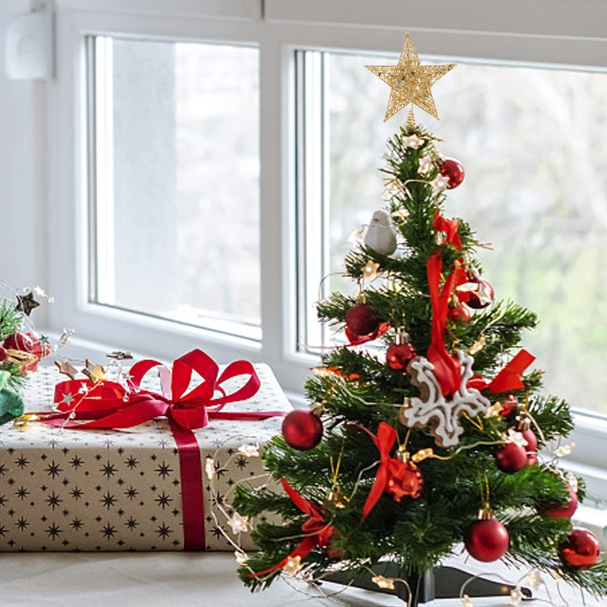 Estrella Árbol de Navidad Metal 22cm - Estrella la Copa del Árbol Brillante con Base Espiral Estable, Diseño Hueco 3D, Adornos para la Copa del Árbol Decoración Navideña Clásica, Dorado