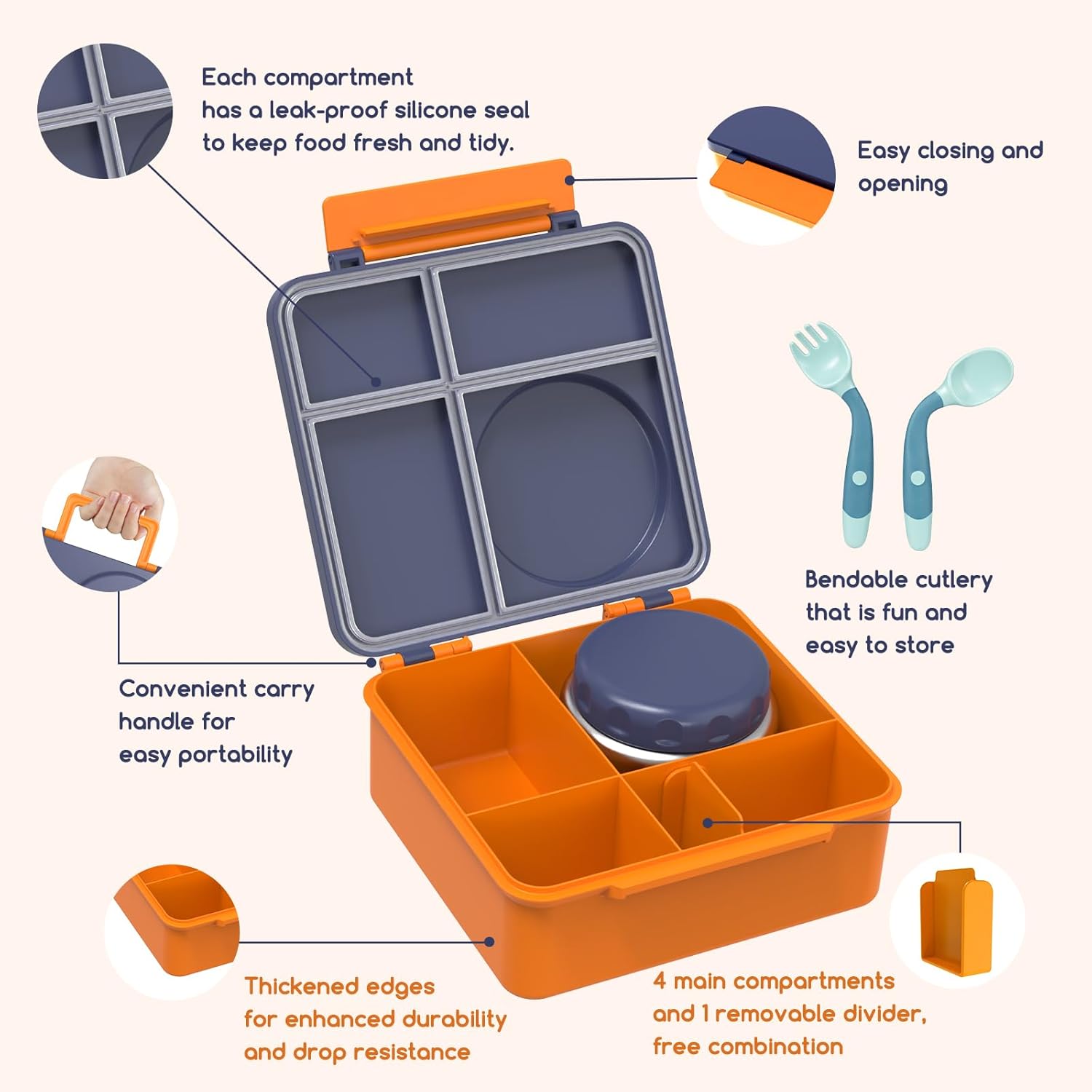 Bento Box for Kids - Leak-Proof Bento Lunch Box with Insulated Thermos Food Jar - 4 Compartments, 1 Removable Divider, 1Spoon, 1 Fork - Dishwasher Safe, BPA-Free (Navy blue)