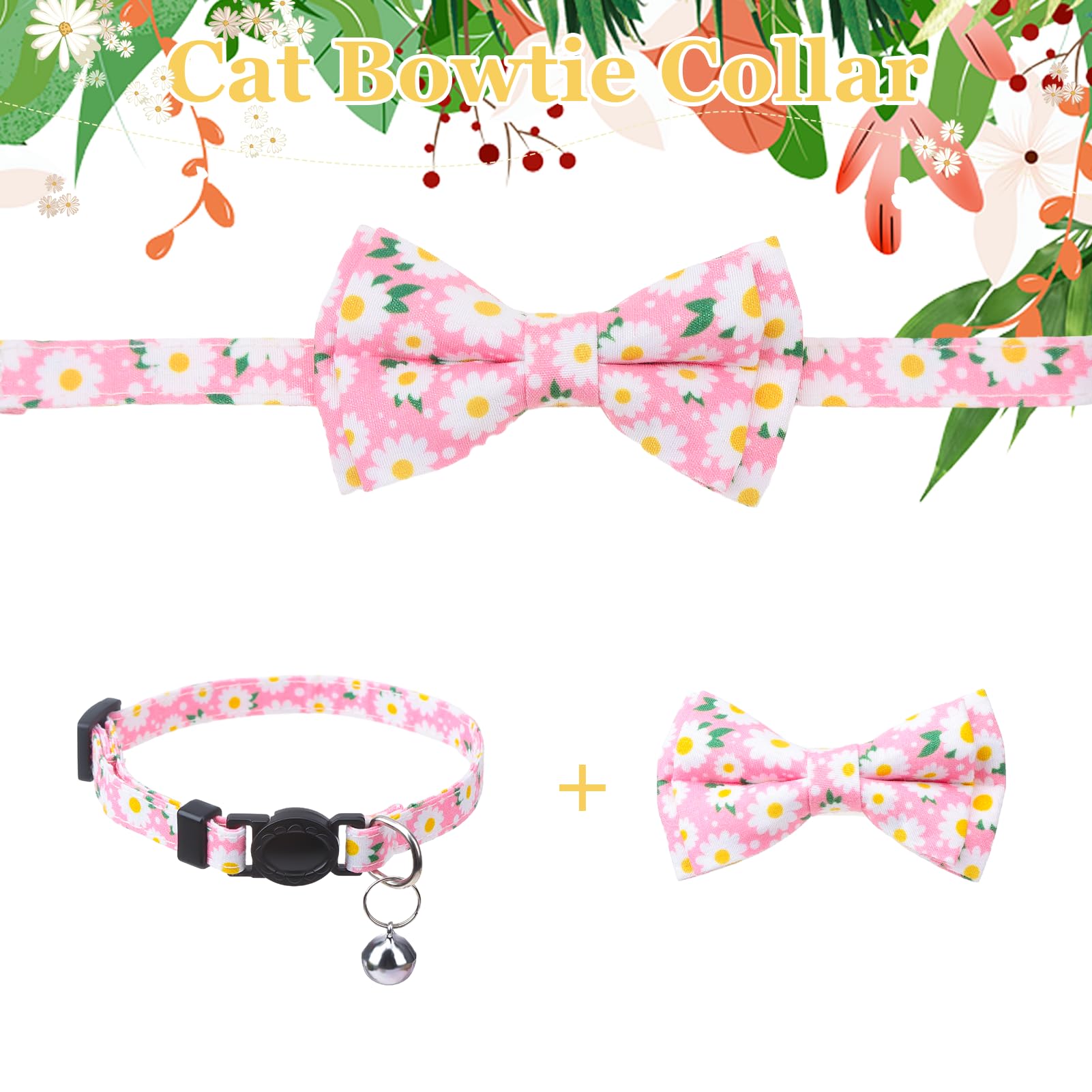 4 collares de gato separables con pajarita y campana, collar floral para gatito con pajarita extraíble, collares de seguridad ajustables para niñas y gatos