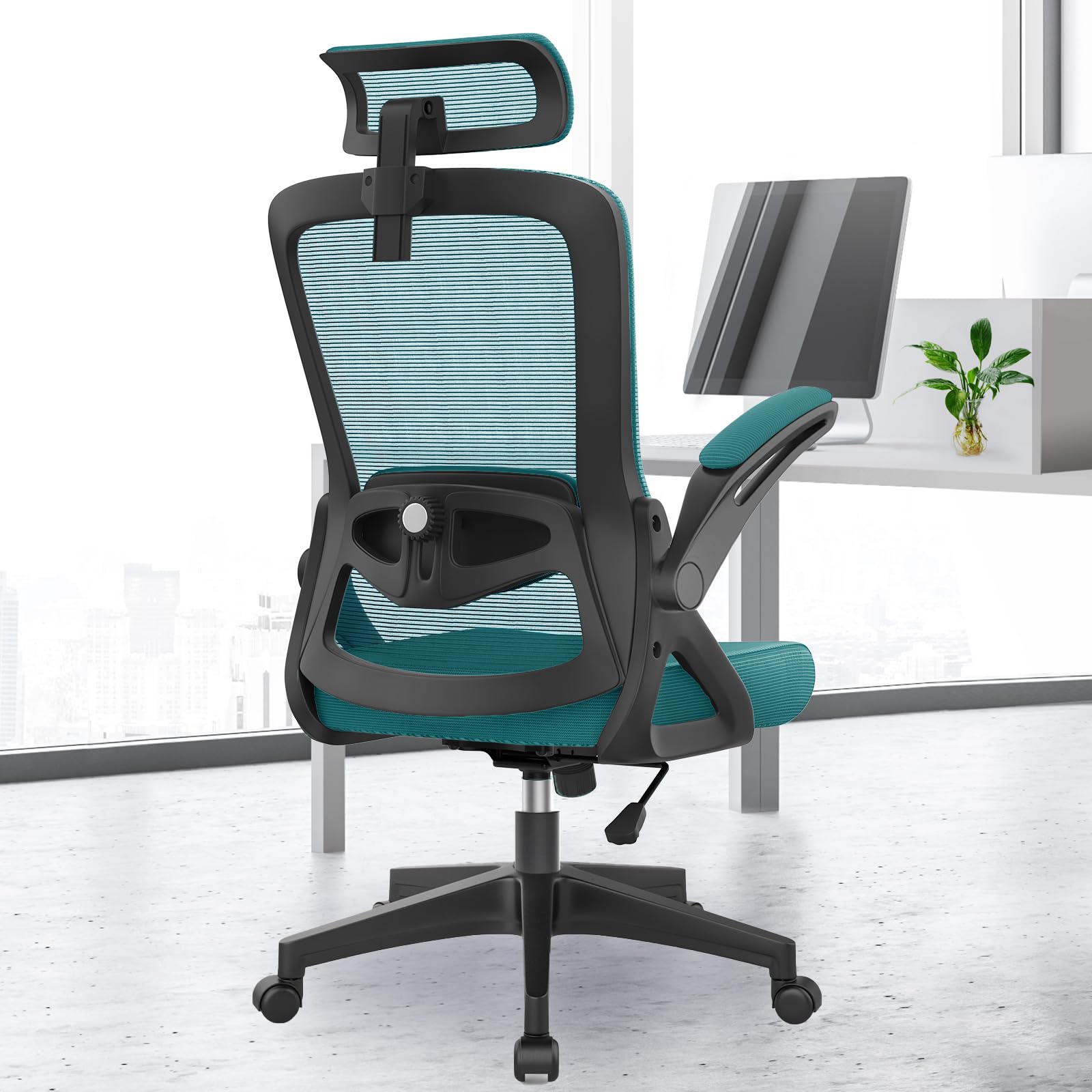 YONISEE Office Chair Ergonomic Office Chair with Lumbar Support, Adjustable Armrests and Headrests, Mesh Chair High Back Comfortable for Home Office (Lake Blue)