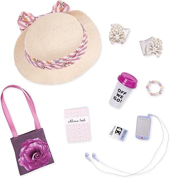 Glitter Girls - 14-inch Doll Clothes - Places to Go Purse & Accessory Set - Floral Hat, Music Player, Travel Mug, Bracelet - Toys for Kids Ages 3 & Up