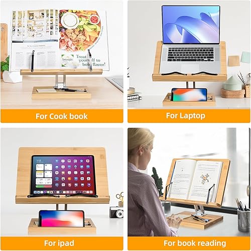 Miniatura 2 de wishacc Soporte de libro ajustable para lectura, soporte para libros de 360 grados, manos libres, con ranura para teléfono y organizador de