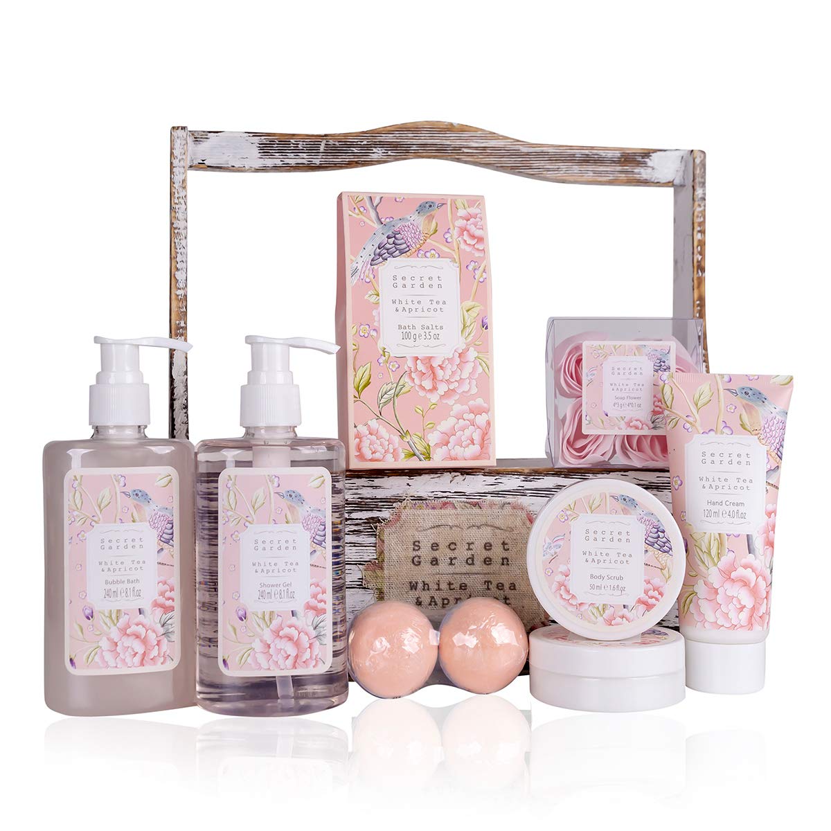 accentra Coffret cadeau Coffret bain et douche Secret Garden au thé blanc et à l'abricot - Coffret 8 pièces & Set cadeau Wellness olive dans un panier en bois, set de soins pour femmes 6pcs