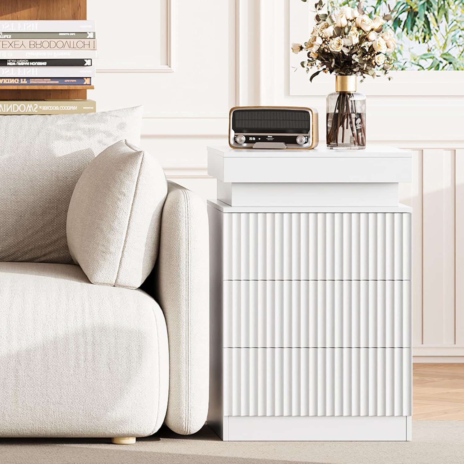 LED Nightstand with Charging Station, Modern Fluted Bedside & End Table with 3 Drawers, Sliding Top & Hidden Storage, Wooden Farmhouse Night Stand for Bedroom Office Sofa, White