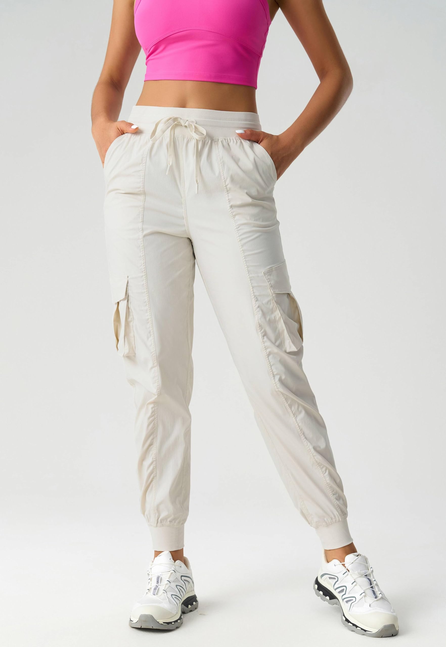 CANSEN Women's Cargo Hiking Joggers Pants Mid Waist Lightweight Athletic Casual Tapered Pants with Pockets Outdoor Off-White