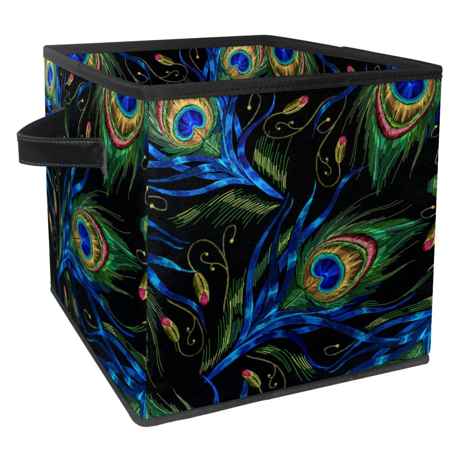 Cube de rangement en tissu avec broderie plumes de paon pour linge et objets