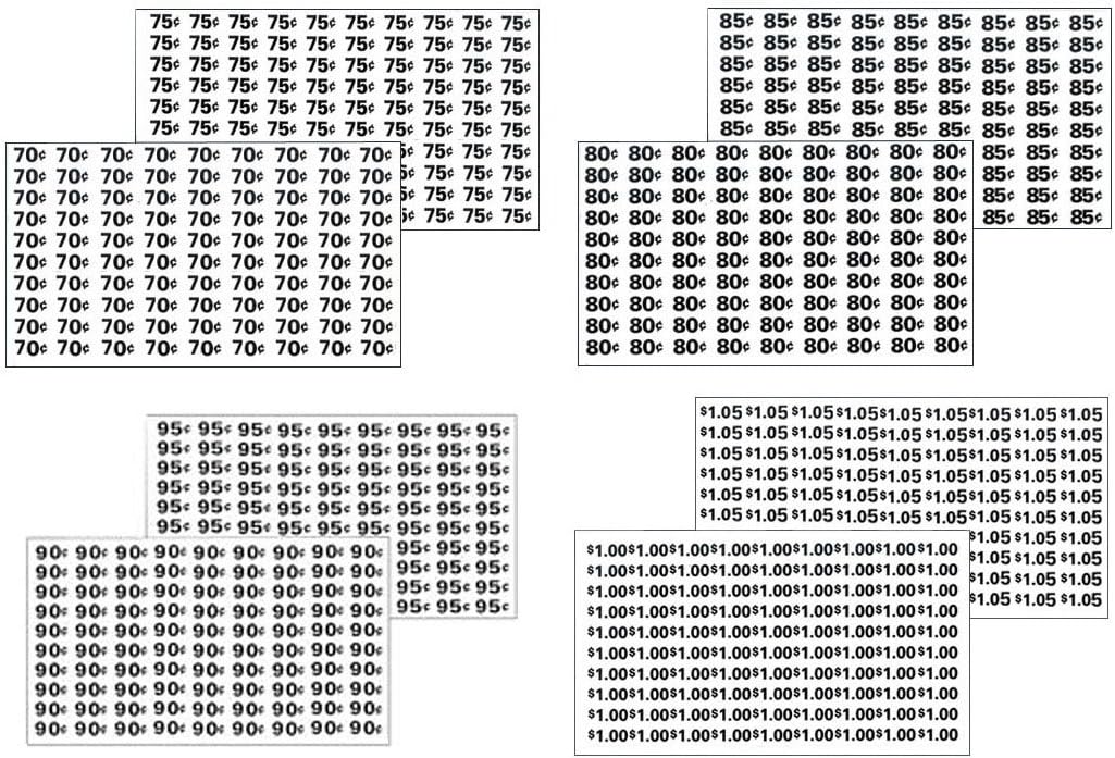 Vending Machine Labels, 400 Count, Black, Paper, Rectangular, Snack Machine Labels, .70-.95 Cents, $1.00-$1.05