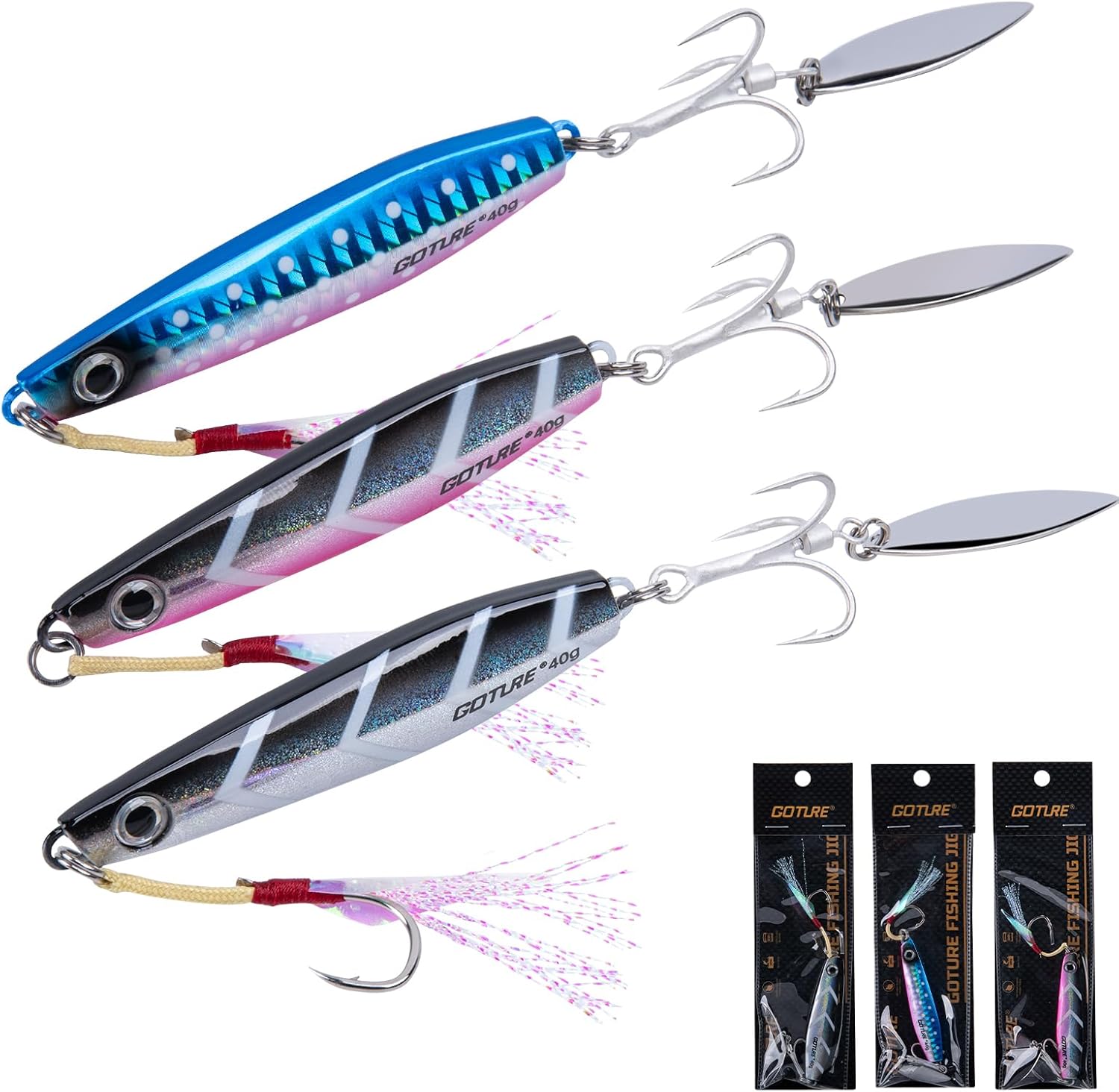 Goture Fishing Jigs, 40g 60g Vertical Jig Saltwater Freshwater, Jig Fishing Lures with Assist Hooks and Treble Hook, Jigging Spoon Lures for Tuna, Salmon,Striped Bass, Grouper Snapper,Kingfish