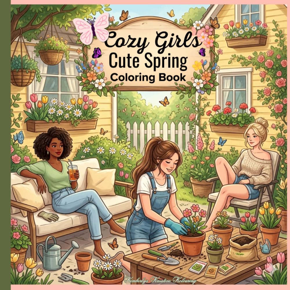 Cozy Girls Cute Spring Coloring Book: Adorable Spring Scenes with Cute Girls, Gardening, Relaxing & Outdoor Moments | Aesthetic Coloring Book for Adults and Teens (Cozy Girls Aesthetic Collection)