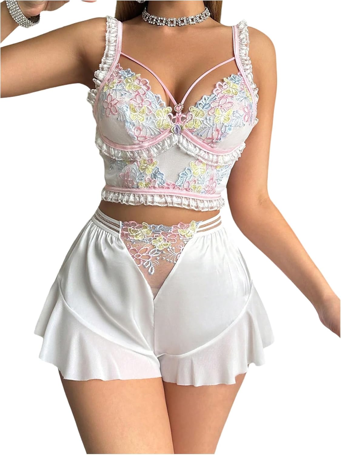 SHENHE Women's Sexy Sleepwear Cami and Shorts Pj Floral Embroidered Ruffle Contrast Mesh Lingerie Pajamas