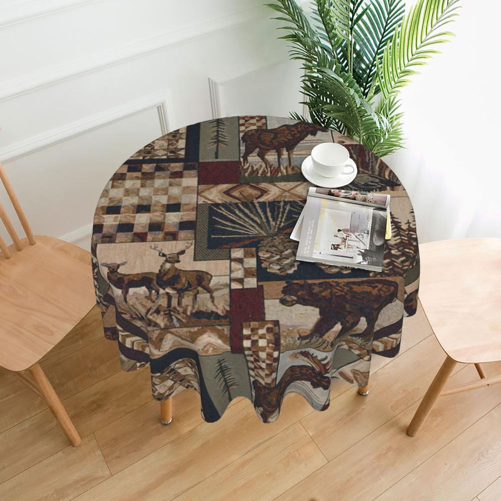 Zcmkjlg Lodge Bear Deer Print Quick Ship Round Tablecloth 60in Polyester Washable Cover for Dining Room