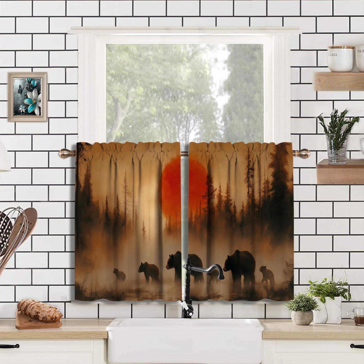 Funny Black Bear Kitchen Valance Curtain, Rustic Farm Red Sun Forest Wildlife Animal Woodland Vintage Rod Pocket Short Curtains, 2 Panel Set 27" W x 36" L for Bathroom Cafe Bedroom Living Room Decor