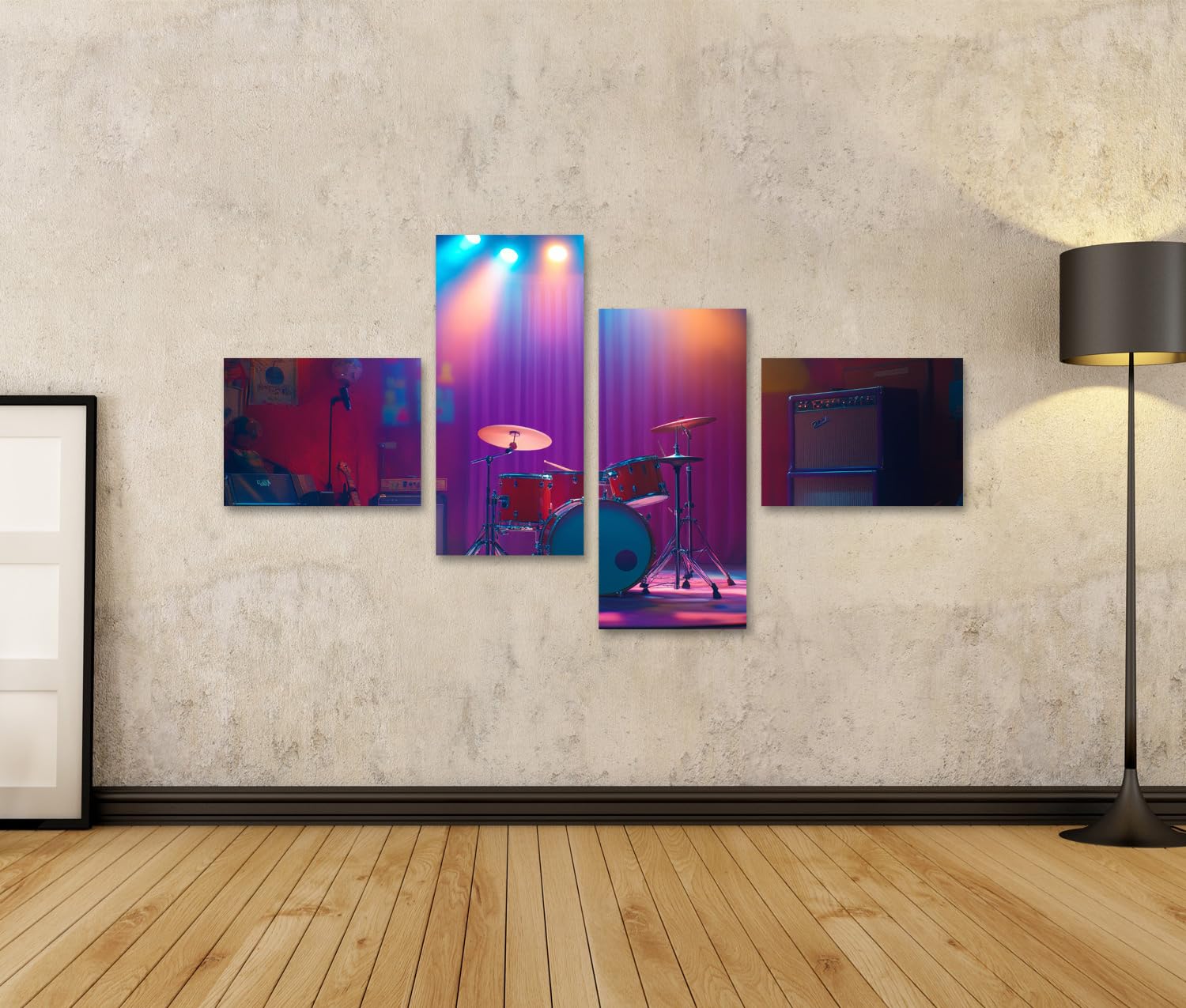 islandburner Quadro su tela Palco illuminato con strumenti musicali per soggiorno amanti della musica negozio di musica immagini murali poster
