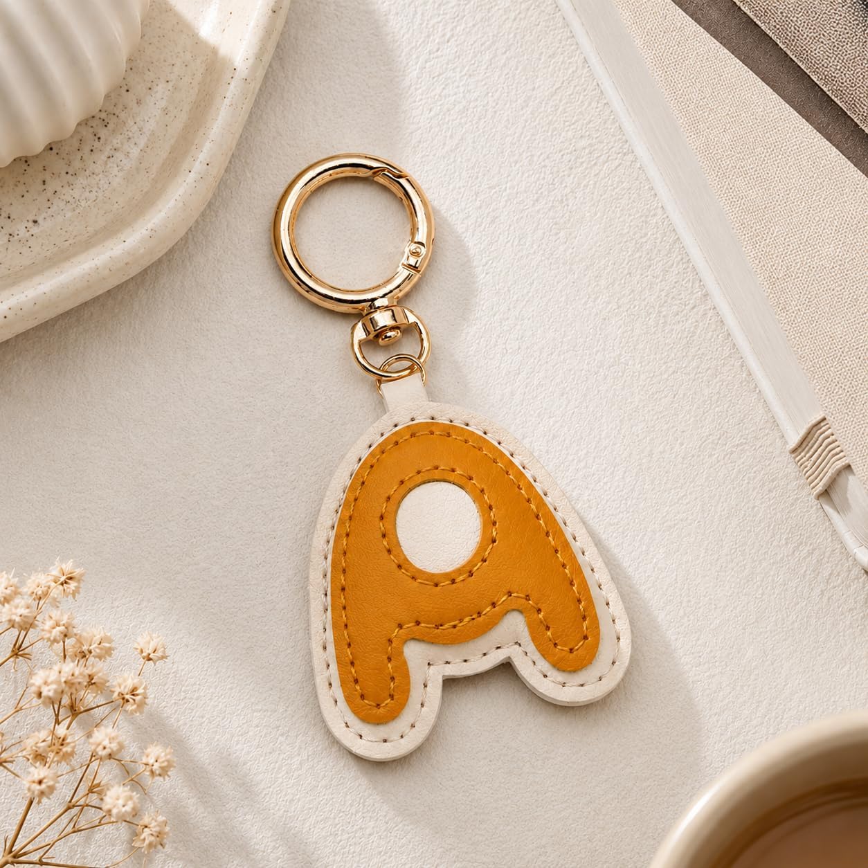 Letter A Keychain – Alphabet Initial Keychains Bag Charms for Women with Orange Leather Design, Initial Letter Key Chains Gifts for Girls, Friends, Students, Family, Colleagues image 5