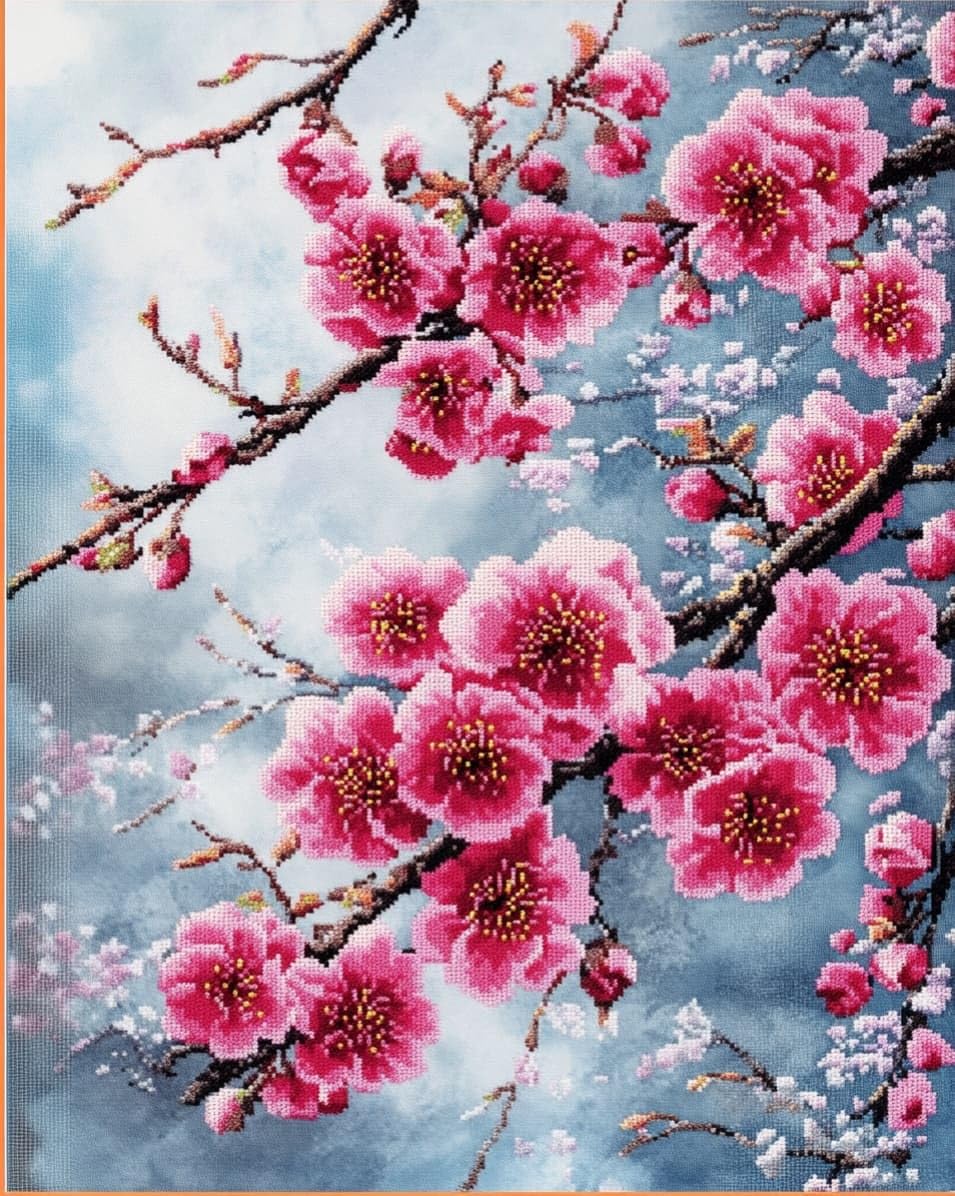 WallustrioaW DIY 11CT Stamped Cross Stitch Kits for Beginners,Plum Blossom Branches,Easy Needlepoint Embroidery Cross Stitch Art Craft for Wall Decoration,40x50cm