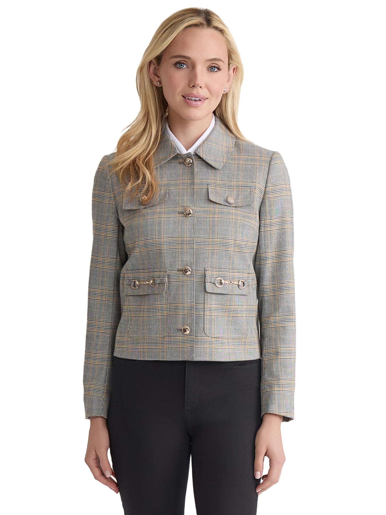 Jones New York Womens Glen Plaid Button Down Blazer