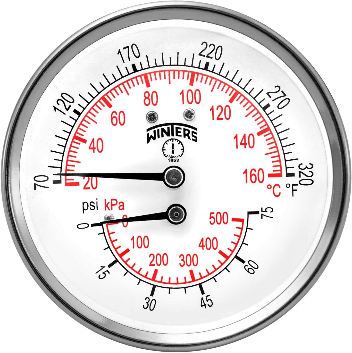 Pressure - Temperature Combination Gauge - 1/2"Center Back Mount P&T Gauge - Winters Instruments TTD402