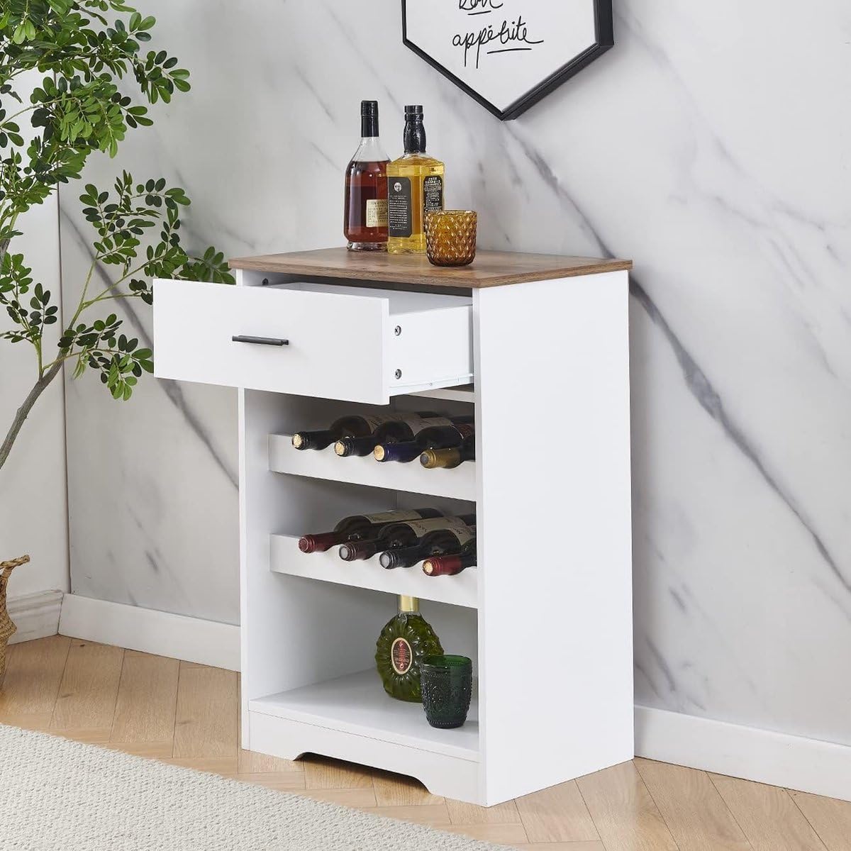 Botellero - Armario para 8 Botellas de Vino con cajón - Almacenamiento de Vino Independiente - Natural, Madera - Armario para Vino de diseño Elegante - 37,5x55x80 cm