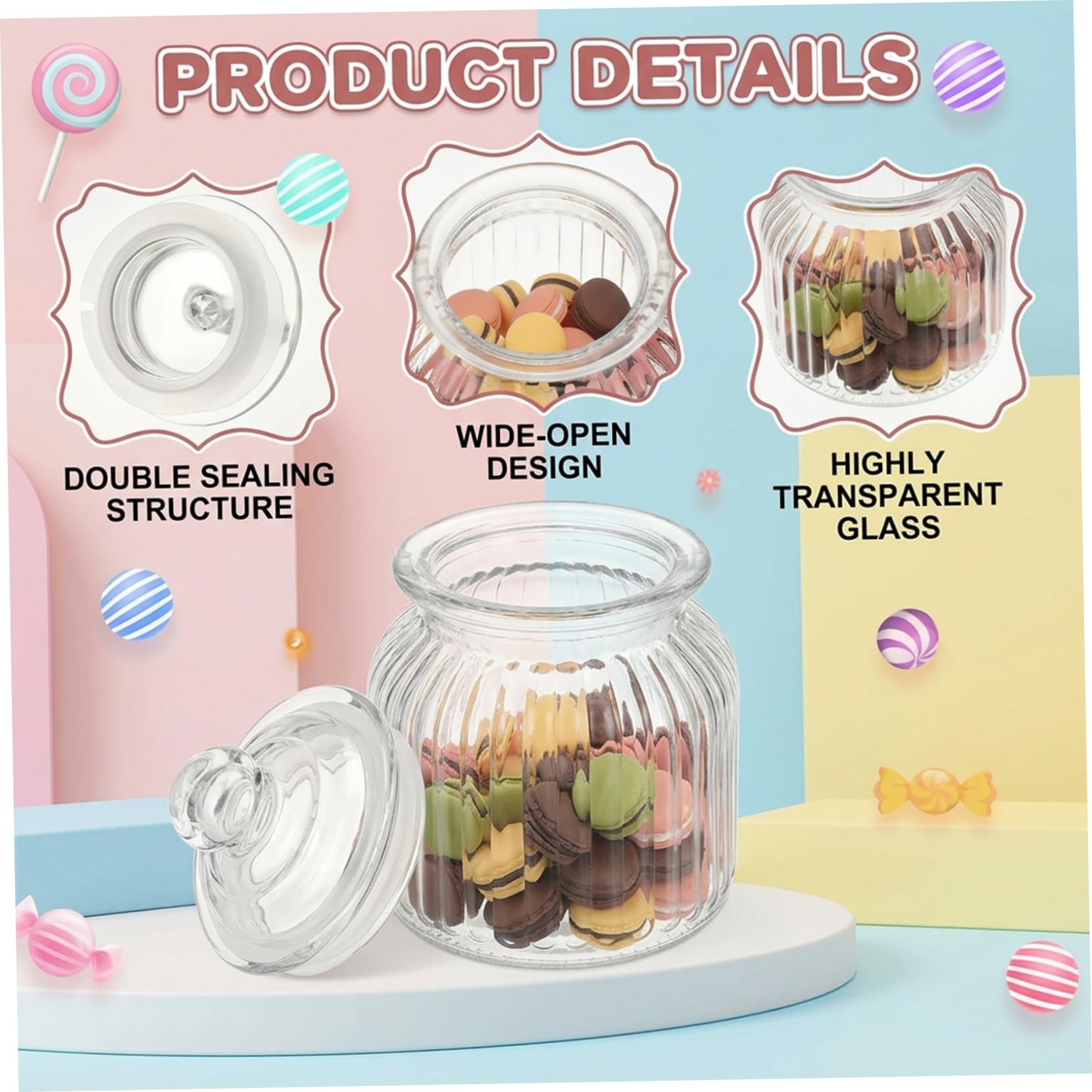 Lot de 4 bocaux à bonbons en verre transparent avec couvercles en forme de cœur avec couvercles - Bocaux à biscuits en verre texturé à rayures décoratives pour mariage, Saint-Valentin, fête