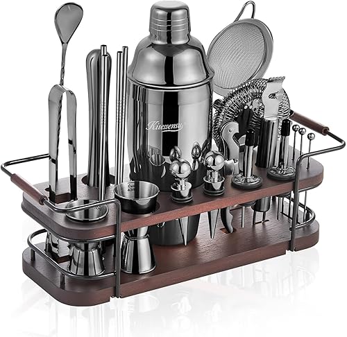 Miniatura 9 de KITESSENSU - Juego de coctelera con soporte, para barman, juego completo de 24 piezas de kit de coctelera para bar con todos los accesorios de bar