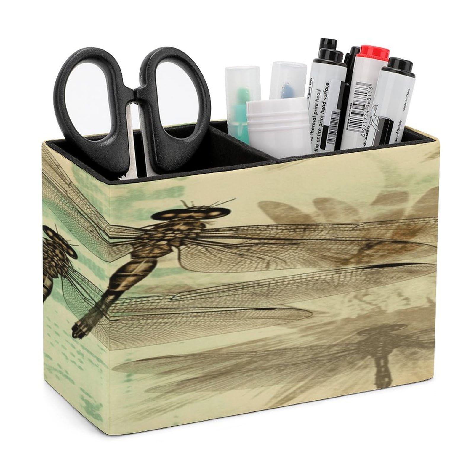 VstaDank Dragonfly Dragonflies Vintage Pencil Holder for Desk Organizer 2 Compartments Pen Cup Leather Square Pen Holder Pencil Cup Stand Makeup Brush Holders for Desktop Organizer Storage Case