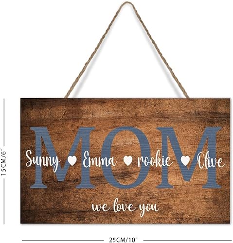 Miniatura 6 de Letrero personalizado con texto en inglés Mom We Love You con nombres de niños, placa de madera para decoración del hogar, placa personalizada con