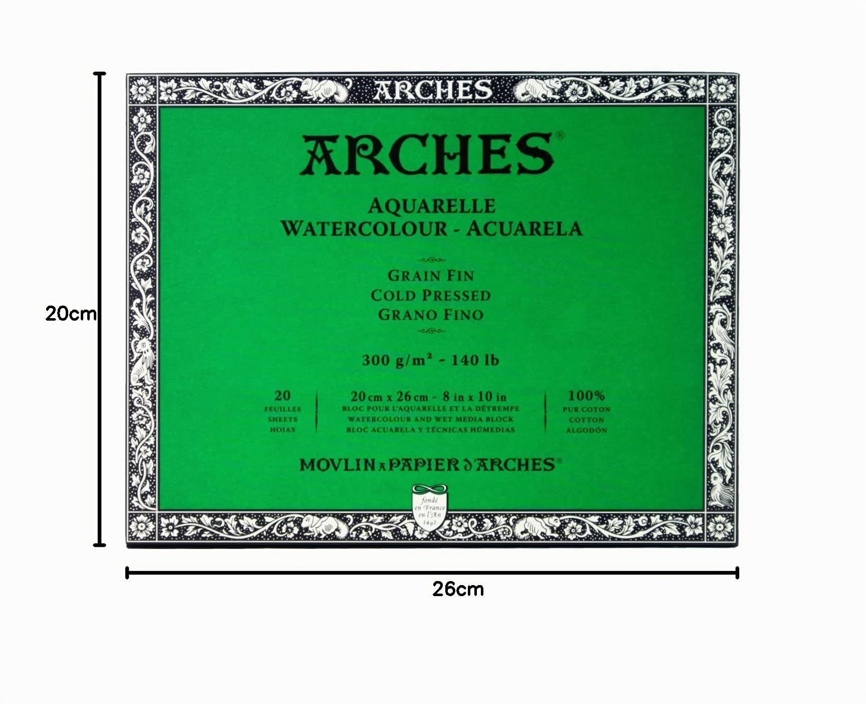 ARCHES Aquarelle - Bloc 20 feuilles 20x26 collé 4 côtés - 300g/m² - grain fin, blanc naturel, 4 bords francs