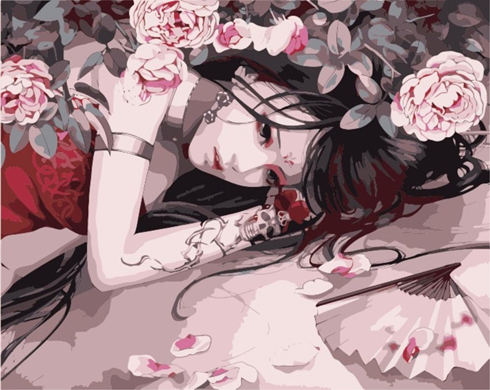 Wowdecor Women's Pink Paint By Numbers Kits For Adults Kids, Number Painting - Anime Girl Flowers 16X20 Inch (Frameless)