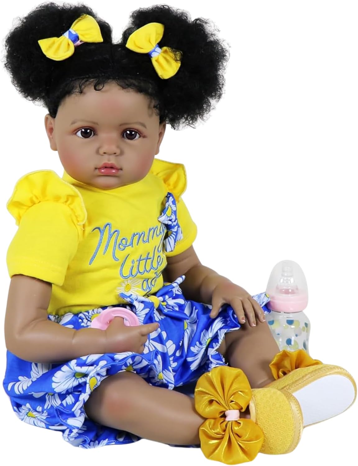 Sweet Sunshine Daisy – 25-Inch Lifelike African American Toddler Doll w/Rooted Curly Hair, Realistic Dark Brown Skin, Weighted Soft Body – Perfect for Kids Ages 3+ Yellow and Blue