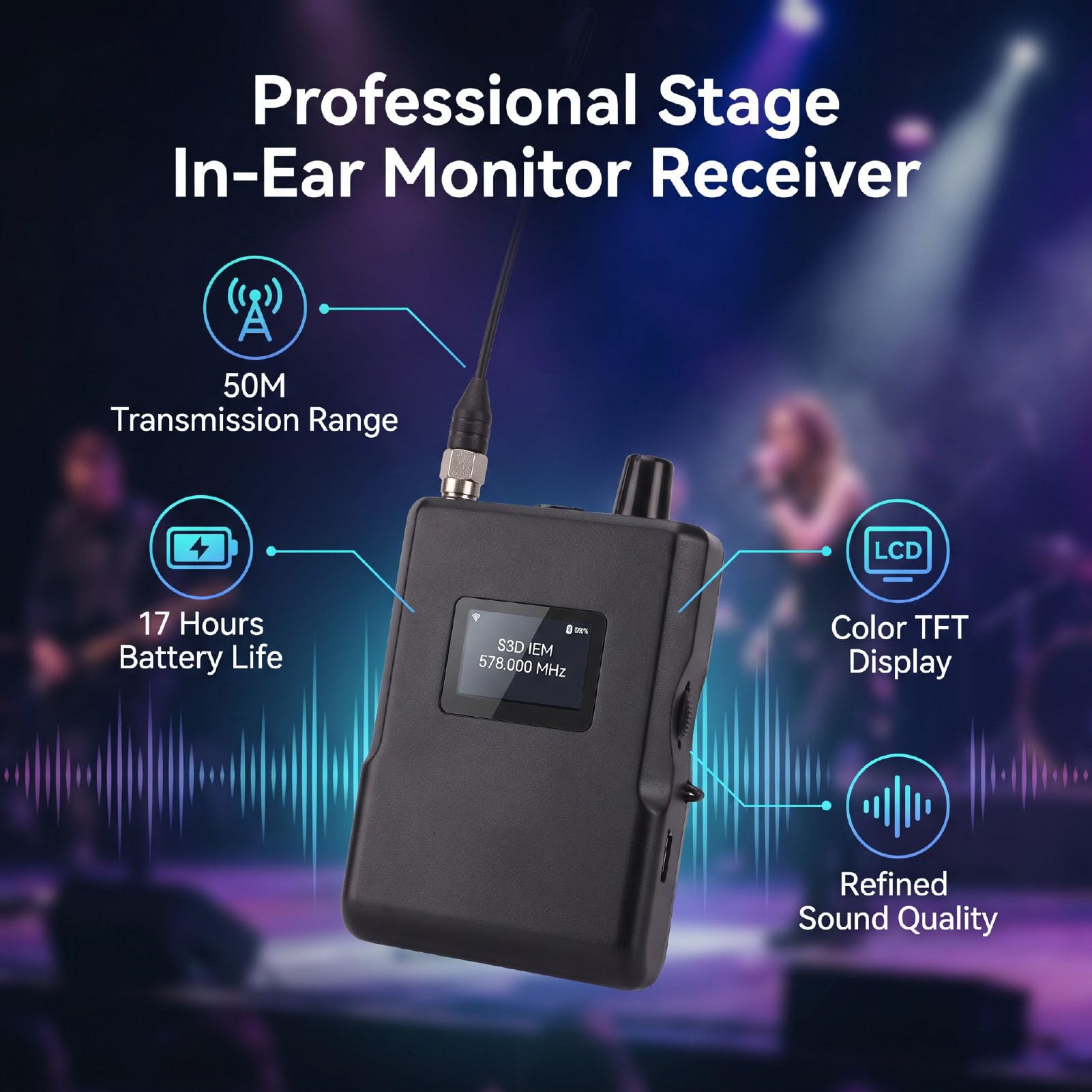 Récepteur de Système IEM sans Fil, Portée de Transmission de 50 M
