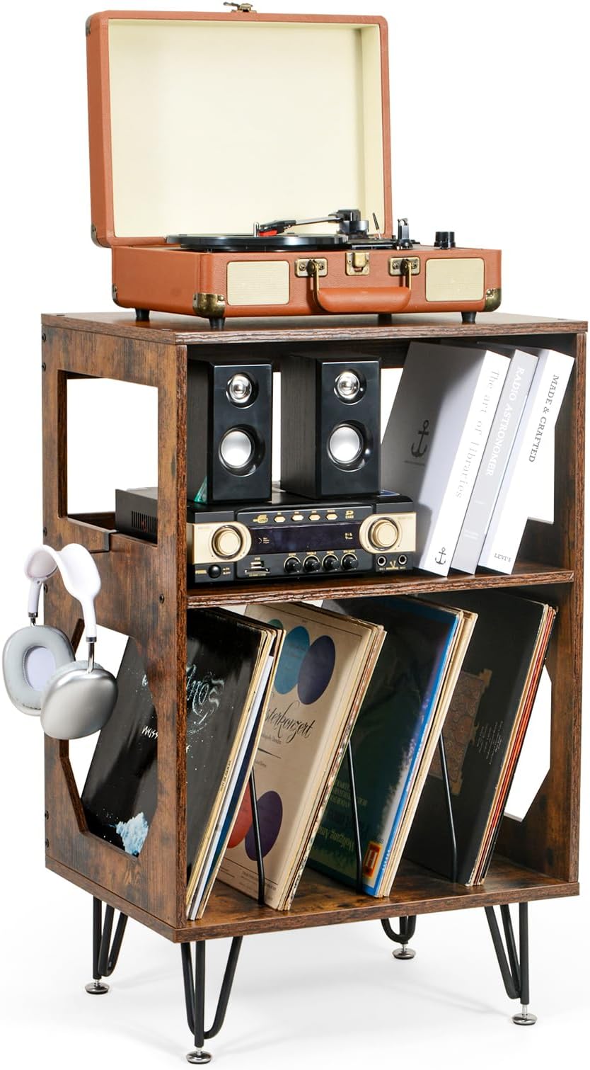 ikkle Rustic Record Player Stand, End Table with Record Storage, Vinyl Record Storage Cabinet Holder with Metal Legs, Turntable Stand Record Player Cabinet for Living Room, Bedroom, Holds 160 Albums